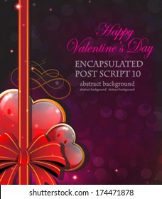 Sparkling Valentine hearts with bow and ribbon on a purple background 