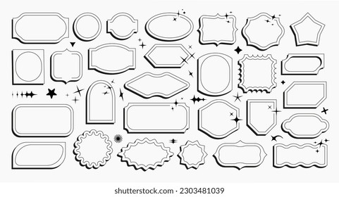 Juego de vectores chisporroteantes con pegatinas y2k, mensajes de chat, logotipos al estilo coreano, estrellas, burbujas, pestañas, etiquetas, etiquetas y cupones.