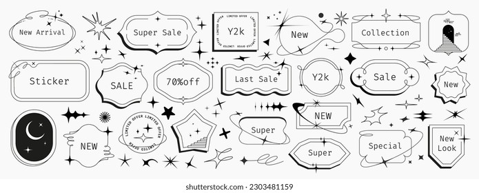  Sparkling vector set with y2k stickers, chat messages, Korean-style logos, stars, bubbles, flashes, labels, tags, and coupons.