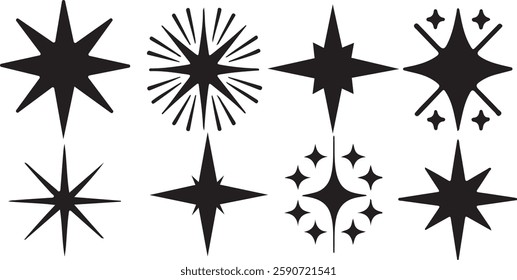 Sparkling vector star icons with Y2K inspired geometric twinkle and glowing light bursts