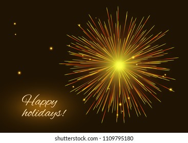 Sparkling vibrant golden red vector fireworks greeting holidays background, copy space.