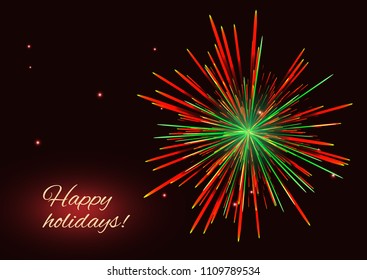 Sparkling vibrant red green vector fireworks greeting holidays background, copy space.