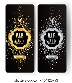 Sparkling VIP gold and silver vertical cards with vintage frame. Vector illustration