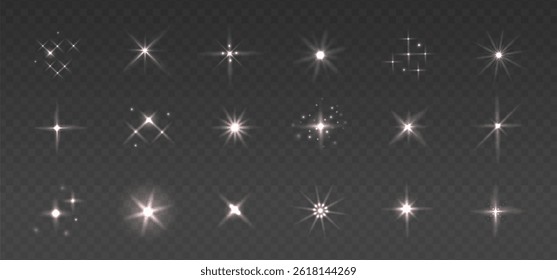 Sparkling warm white stars, flickering and flashing lights set. Collection of different light effects on dark background. Realistic vector illustration for overlay effect