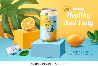 Sparkling water advertisement with lemons and ice cubes in 3d illustration