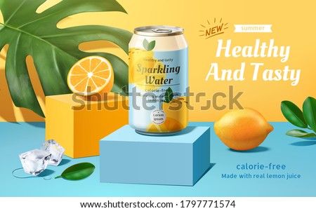 Sparkling water advertisement with lemons and ice cubes in 3d illustration