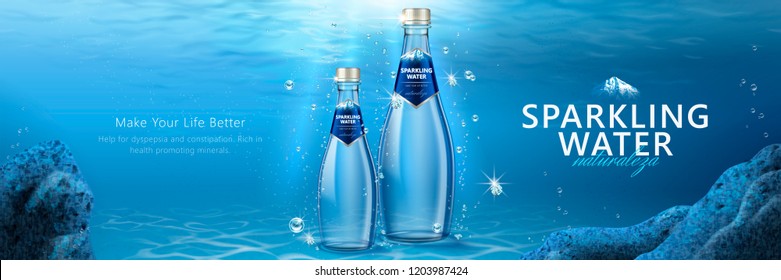 Sparkling water banner ads with product under water in 3d illustration