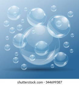 Sparkling water. Bubbles of water. The water molecule. Design elements. Vector background