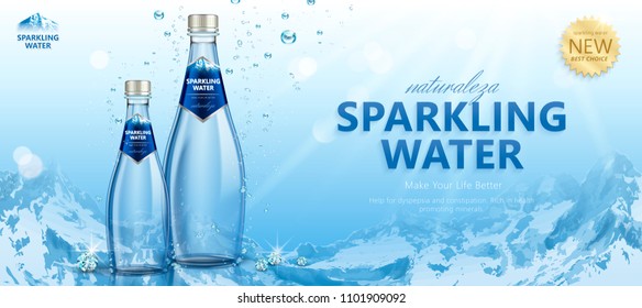 Sparkling water with clear bubbles around the bottles in 3d illustration on snowberg background, Naturaleza is spaninsh word means nature