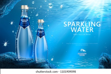 Sparkling water with clear bubbles under the water in 3d illustration, Naturaleza is spaninsh word means nature