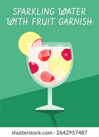 Sparkling water with fruit garnish vector on aqua green background. Great for wellness, detox, or spa content.