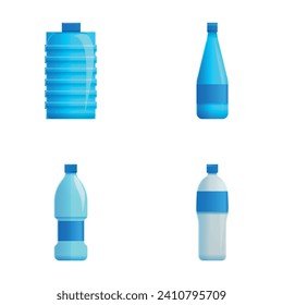 Sparkling water icons set cartoon vector. Water in glass and plastic container. Drink, beverage