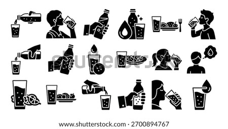 Sparkling Water Icons. Solid, filled icon set of sparkling water consumption holding bottle, sipping glass, pouring into glass, drink with food, hydration