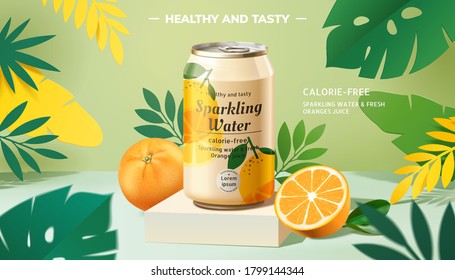 Sparkling water promo banner with lemons on tropical background in 3d illustration