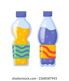 Sparkling water set. Bottles with soda or juice, colorful liquids in containers. Fresh and cold beverage. Poster or banner for website. Cartoon flat vector collection isolated on white background