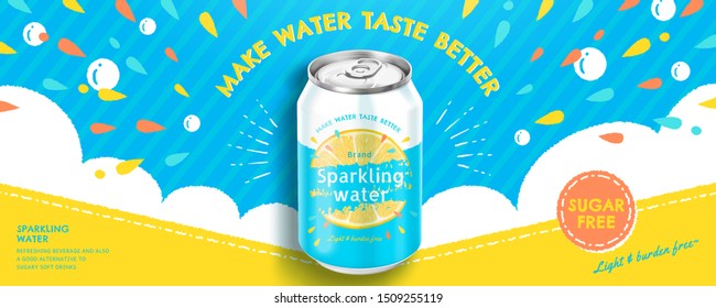 Sparkling water soda ads with colorful blue and yellow doodle background in 3d illustration