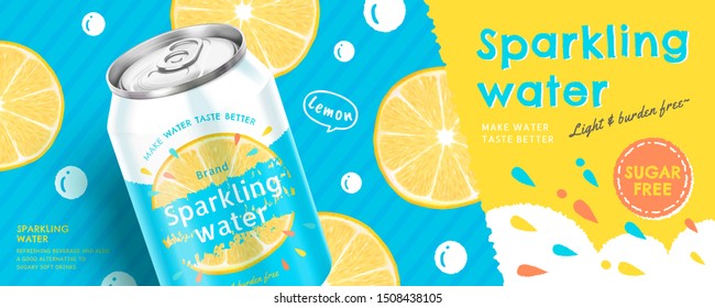 Sparkling water soda ads on lemon doodle background in 3d illustration