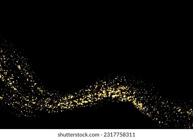 Sparkling wave of confetti. Vector golden sparkling wavy flow on black background.
