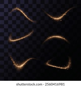 
A sparkling whirlwind with a flash of shine. Sparkling trail. Swirl gold neon wavy. The effect of glowing spiral lines. Curved linear light. Rotating shining waves of speed.