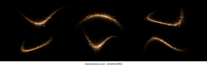 
A sparkling whirlwind with a flash of shine. Sparkling trail. Swirl gold neon wavy. The effect of glowing spiral lines. Curved linear light. Rotating shining waves of speed.