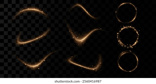 
A sparkling whirlwind with a flash of shine. Sparkling trail. Swirl gold neon wavy. The effect of glowing spiral lines. Curved linear light. Rotating shining waves of speed.