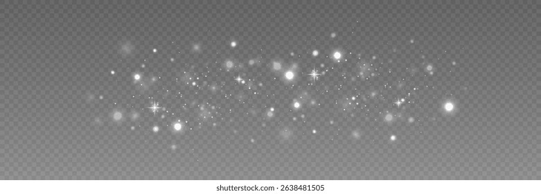 Sparkling white dust particles. Light effect of glare and stars. On transparent background. Vector EPS 10.