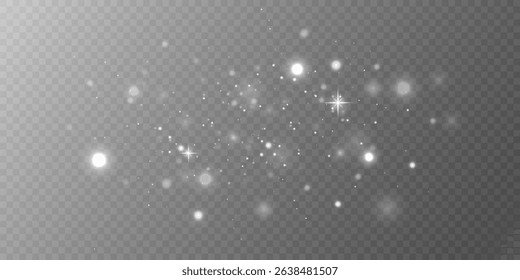Sparkling white dust particles. Light effect of glare and stars. On transparent background. Vector EPS 10.
