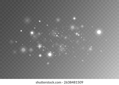 Sparkling white dust particles. Light effect of glare and stars. On transparent background. Vector EPS 10.
