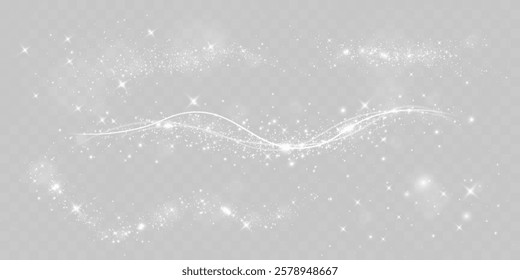 Sparkling white light particles on transparent background, glowing stars and dust effect, festive glitter overlay, magical illumination, digital abstract decoration.