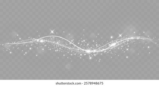 Sparkling white light particles on transparent background, glowing stars and dust effect, festive glitter overlay, magical illumination, digital abstract decoration.