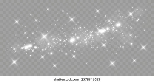 Sparkling white light particles on transparent background, glowing stars and dust effect, festive glitter overlay, magical illumination, digital abstract decoration.