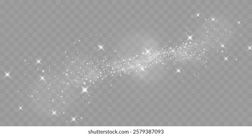 Sparkling white light particles on transparent background, glowing stars and dust effect, festive glitter overlay, magical illumination, digital abstract decoration.	