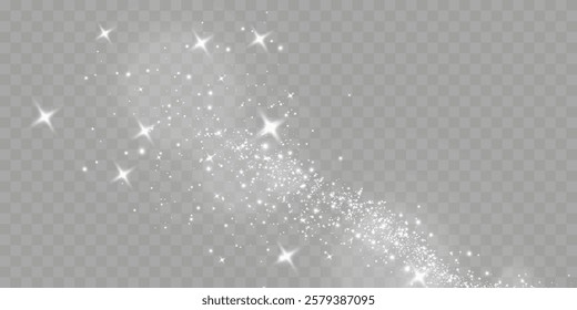 Sparkling white light particles on transparent background, glowing stars and dust effect, festive glitter overlay, magical illumination, digital abstract decoration.	