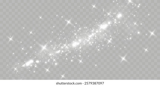 Sparkling white light particles on transparent background, glowing stars and dust effect, festive glitter overlay, magical illumination, digital abstract decoration.	