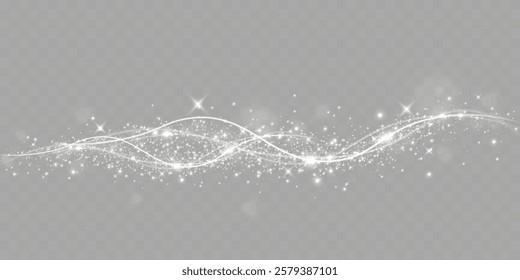 Sparkling white light particles on transparent background, glowing stars and dust effect, festive glitter overlay, magical illumination, digital abstract decoration.	