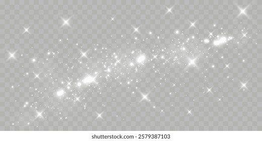 Sparkling white light particles on transparent background, glowing stars and dust effect, festive glitter overlay, magical illumination, digital abstract decoration.	