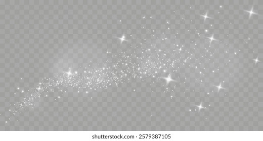 Sparkling white light particles on transparent background, glowing stars and dust effect, festive glitter overlay, magical illumination, digital abstract decoration.	