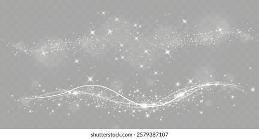 Sparkling white light particles on transparent background, glowing stars and dust effect, festive glitter overlay, magical illumination, digital abstract decoration.	