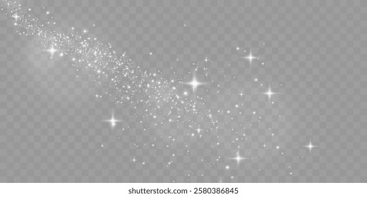 Sparkling white light particles on transparent background, glowing stars and dust effect, festive glitter overlay, magical illumination, digital abstract decoration.