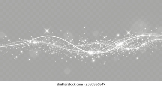 Sparkling white light particles on transparent background, glowing stars and dust effect, festive glitter overlay, magical illumination, digital abstract decoration.