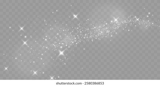 Sparkling white light particles on transparent background, glowing stars and dust effect, festive glitter overlay, magical illumination, digital abstract decoration.