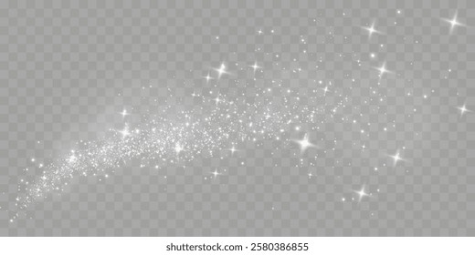 Sparkling white light particles on transparent background, glowing stars and dust effect, festive glitter overlay, magical illumination, digital abstract decoration.