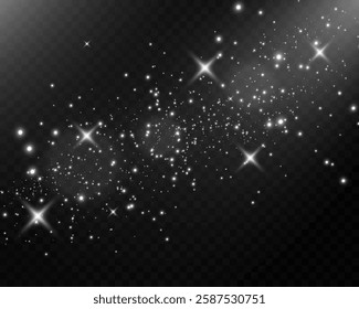 	
Sparkling white light particles on transparent background, glowing stars and dust effect, festive glitter overlay, magical illumination, digital abstract decoration.	