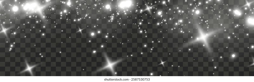 	
Sparkling white light particles on transparent background, glowing stars and dust effect, festive glitter overlay, magical illumination, digital abstract decoration.	