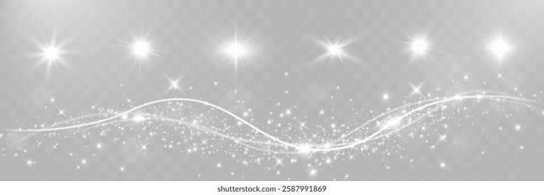 Sparkling white light particles on transparent background, glowing stars and dust effect, festive glitter overlay, magical illumination, digital abstract decoration.