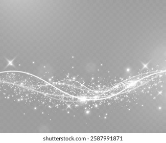 Sparkling white light particles on transparent background, glowing stars and dust effect, festive glitter overlay, magical illumination, digital abstract decoration.