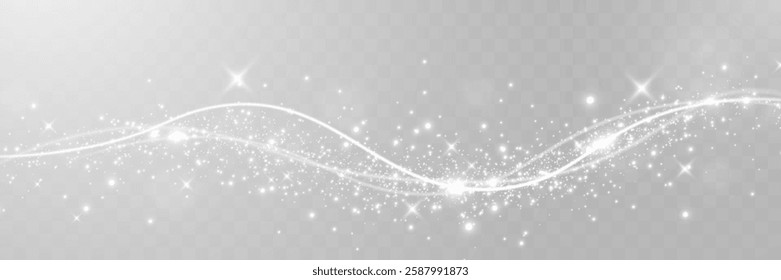 Sparkling white light particles on transparent background, glowing stars and dust effect, festive glitter overlay, magical illumination, digital abstract decoration.