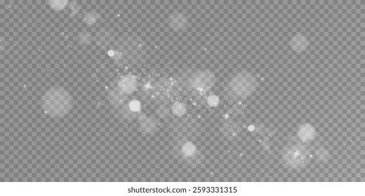 A sparkling white magic dust effect with glowing bokeh lights and twinkling particles on a transparent background, ideal for fantasy and festive designs.
