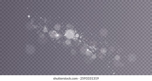 A sparkling white magic dust effect with glowing bokeh lights and twinkling particles on a transparent background, ideal for fantasy and festive designs.