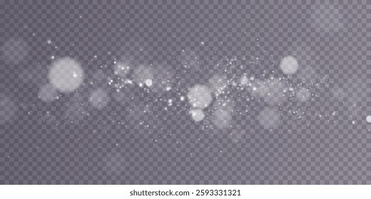 A sparkling white magic dust effect with glowing bokeh lights and twinkling particles on a transparent background, ideal for fantasy and festive designs.